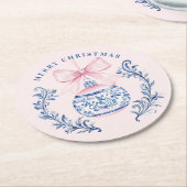 ピンク&ブルーダマスククレストクリスマスオーナメント ラウンドペーパーコースター (アングル)
