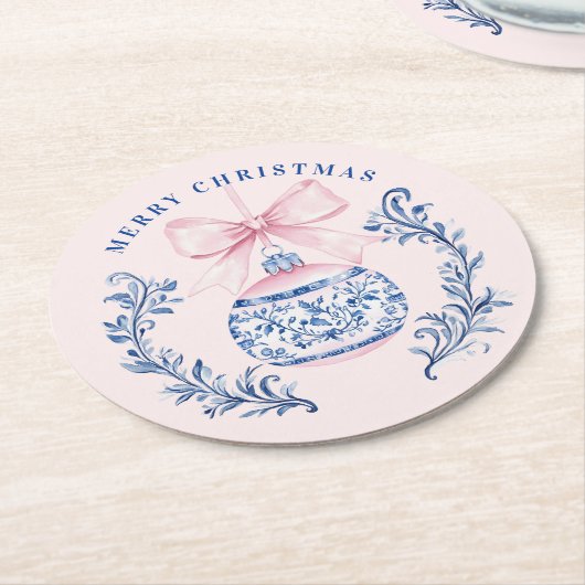 ピンク&ブルーダマスククレストクリスマスオーナメント ラウンドペーパーコースター (アングル)