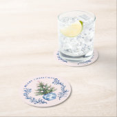 ピンク&ブルーダマスククレストクリスマスツリー ラウンドペーパーコースター (インサイチュ)