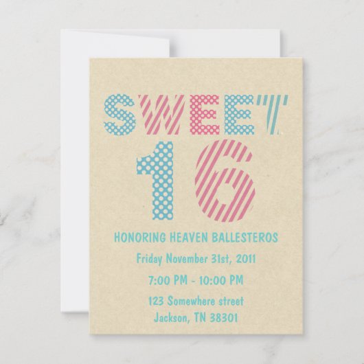 ピンク&ブルーデザインSweet sixteen招待状 招待状 (正面)