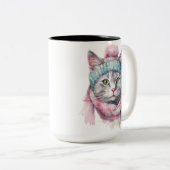 ピンク&ブルーハットスカーフ付き水色グレー虎猫 ツートーンマグカップ (正面右)