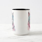 ピンク&ブルーハットスカーフ付き水色グレー虎猫 ツートーンマグカップ (中央)