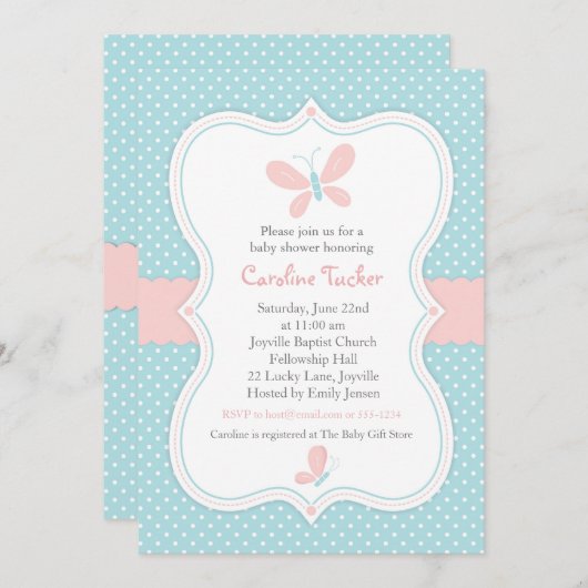 ピンク&ブルーバタフライベビーガールシャワー招待状 招待状 (正面/裏面)