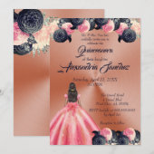 ピンク&ブルーバラ金ゴールドフローラキンセアニェラ 招待状 (正面/裏面)