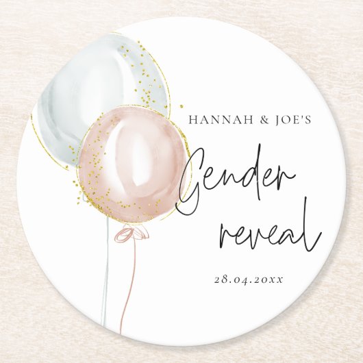 ピンク&ブルーバルーンジェンダーがチームボーイを明らかにする ラウンドペーパーコースター (正面)