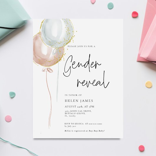 ピンク&ブルーバルーンジェンダー赤ちゃんのシャワーを明らかにする 招待状