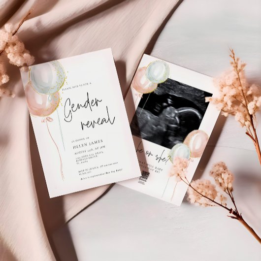 ピンク&ブルーバルーンジェンダー赤ちゃんのシャワーを明らかにする 招待状