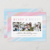 ピンク&ブルーパステルメリー&ブライトホリデーフォト シーズンポストカード (正面/裏面)