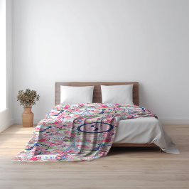 ピンク&ブルーパリモノグラパターン(の模様が)あるム フリースブランケット