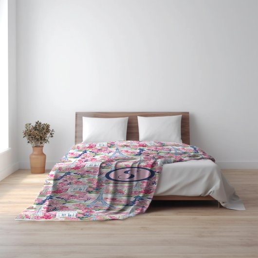 ピンク&ブルーパリモノグラパターン(の模様が)あるム フリースブランケット