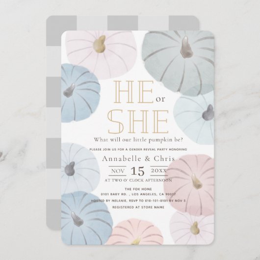 ピンク&ブルーパンプキンジェンダーリビール招待状 招待状 (正面/裏面)