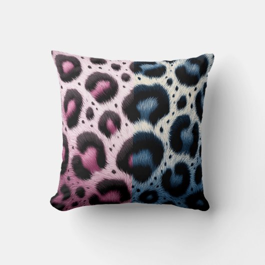 ピンク&ブルーヒョウの毛皮のアニマルプリントスポット クッション (正面)