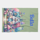 ピンク&ブルーフェアリーコテージコアモノグラムオングリーン | キッチンタオル (横)