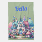 ピンク&ブルーフェアリーコテージコアモノグラムオングリーン | キッチンタオル (縦)