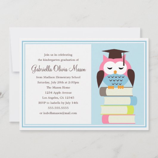 ピンク/ブルーフクロウ卒業パーティー招待状 招待状 (正面)