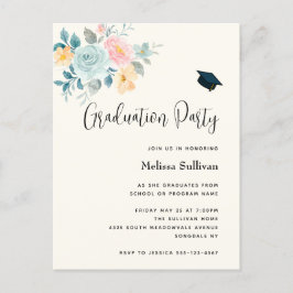 ピンク&ブルーフラワーブーケ卒業招待状 ポストカード