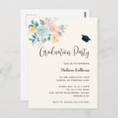 ピンク&ブルーフラワーブーケ卒業招待状 ポストカード (正面/裏面)