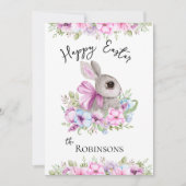 ピンク&ブルーフローラウォーターカラーハッピーイースターバニー シーズンカード (正面)