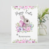 ピンク&ブルーフローラウォーターカラーハッピーイースターバニー シーズンカード (スタンド正面)