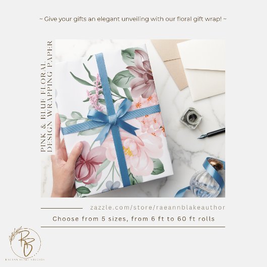 ピンク&ブルーフローラデザインラッピング紙 ラッピングペーパー
