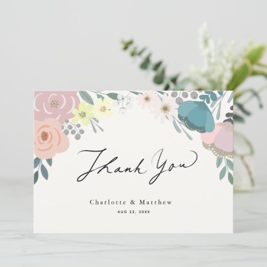 ピンク&ブルーフローラ結婚クリームありがとう サンキューカード (スタンド正面)