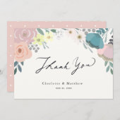 ピンク&ブルーフローラ結婚クリームありがとう サンキューカード (正面/裏面)