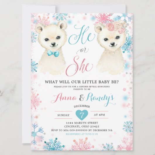 ピンク&ブルーベアーウィンタージェンダーリビール招待状 招待状 (正面)