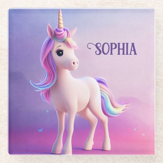 ピンク&ブルーマネのかわいい白いユニコーン ガラスコースター (正面)