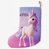 ピンク&ブルーマネのかわいい白いユニコーン スモールクリスマスストッキング (裏面)