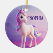 ピンク&ブルーマネのかわいい白いユニコーン セラミックオーナメント (正面)