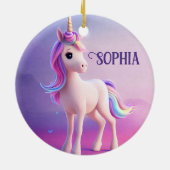 ピンク&ブルーマネのかわいい白いユニコーン セラミックオーナメント (裏面)