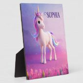 ピンク&ブルーマネのかわいい白いユニコーン フォトプラーク (側面)