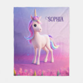 ピンク&ブルーマネのかわいい白いユニコーン フリースブランケット (正面)