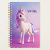 ピンク&ブルーマネのかわいい白いユニコーン プランナー手帳 (正面)