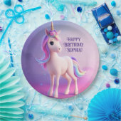 ピンク&ブルーマネのかわいい白いユニコーン ペーパープレート (パーティー)