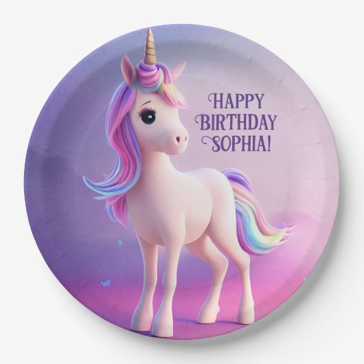 ピンク&ブルーマネのかわいい白いユニコーン ペーパープレート (正面)