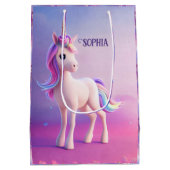 ピンク&ブルーマネのかわいい白いユニコーン ミディアムペーパーバッグ (裏面)