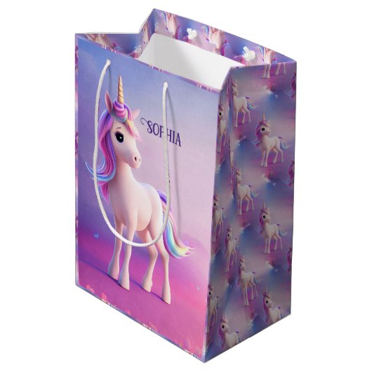 ピンク&ブルーマネのかわいい白いユニコーン ミディアムペーパーバッグ (裏面アングル)