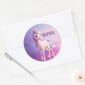 ピンク&ブルーマネのかわいい白いユニコーン ラウンドシール (封筒)