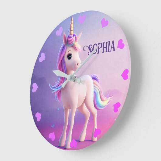 ピンク&ブルーマネのかわいい白いユニコーン ラージ壁時計 (傾斜)
