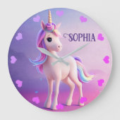 ピンク&ブルーマネのかわいい白いユニコーン ラージ壁時計 (正面)