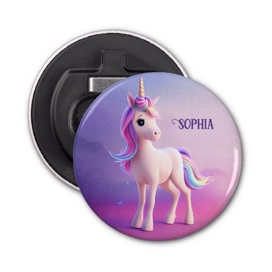 ピンク&ブルーマネのかわいい白いユニコーン 栓抜き (正面)