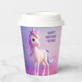 ピンク&ブルーマネのかわいい白いユニコーン 紙コップ (裏面)