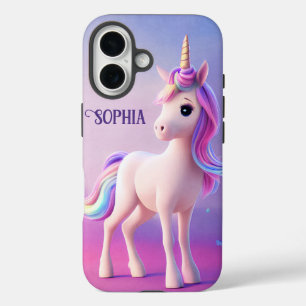 ピンク&ブルーマネのかわいい白いユニコーン iPhone 16ケース