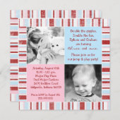 ピンク&ブルー兄弟姉妹フォト誕生日招待状 招待状 (正面/裏面)