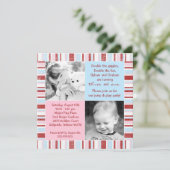 ピンク&ブルー兄弟姉妹フォト誕生日招待状 招待状 (スタンド正面)