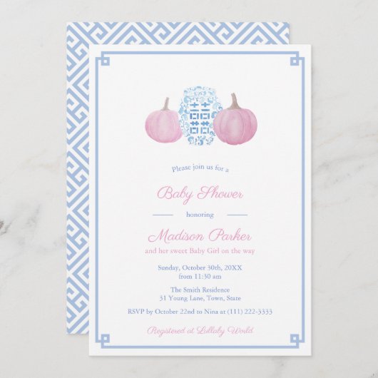 ピンク&ブルー名門私立校風のカボチャ女の子ベビーシャワーパーティー 招待状 (正面/裏面)