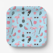 ピンク&ブルー夏のトロピカルパターン ペーパープレート (正面)