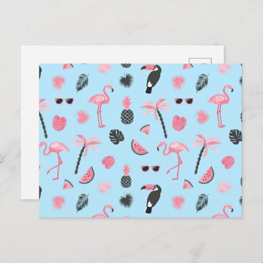 ピンク&ブルー夏のトロピカルパターン ポストカード (正面/裏面)