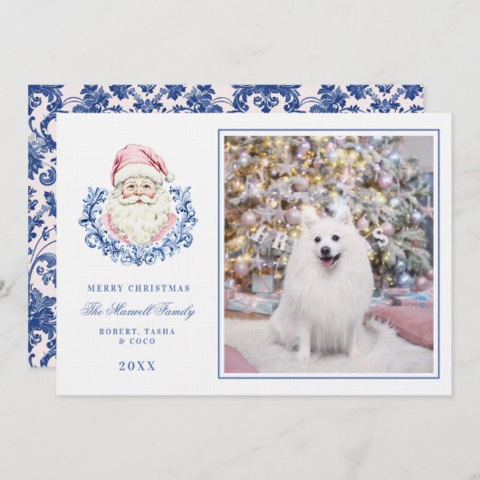 ピンク&ブルー大千年のダマスクサンタ付き/写真 招待状 (正面/裏面)